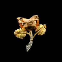 Vintage Retro Green Rose Gold & Platinum Old Diamond Stem Rose Flower Pin Brooch
