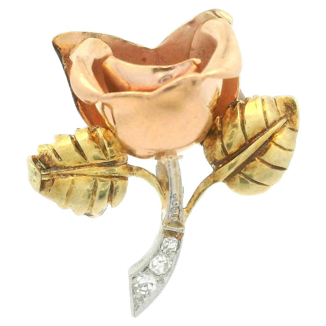 Vintage Retro Grün Rose Gold 
Platin Old Diamond Stem Rose Flower Pin Brosche im Angebot