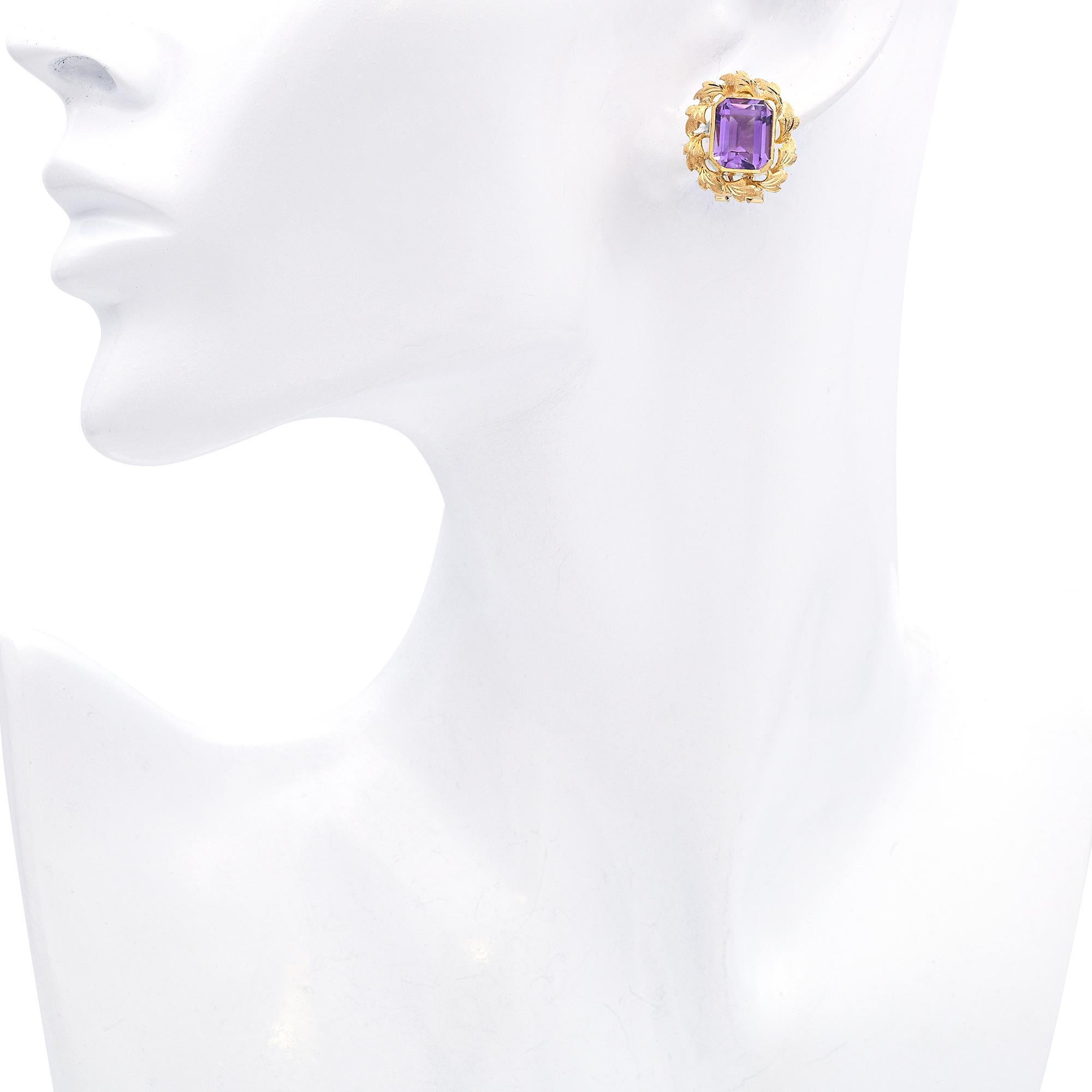 Vintage Retro H. Stern 18k Gelbgold Amethystkranz-Ohrringe (Smaragdschliff) im Angebot