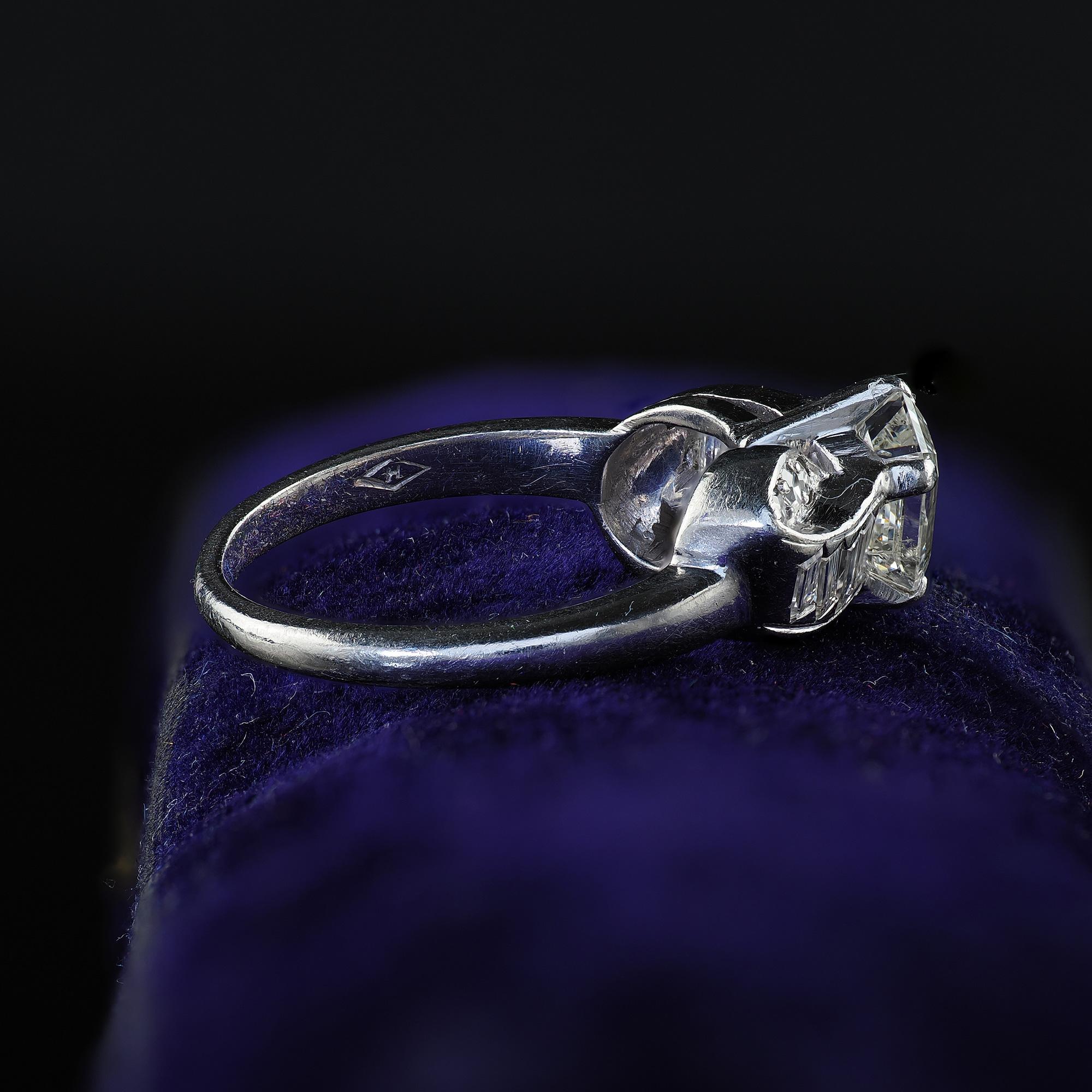 Women's Vintage Retro Hartzberg Platinum Emerald Cut Diamond Ribbon Engagement Ring For Sale