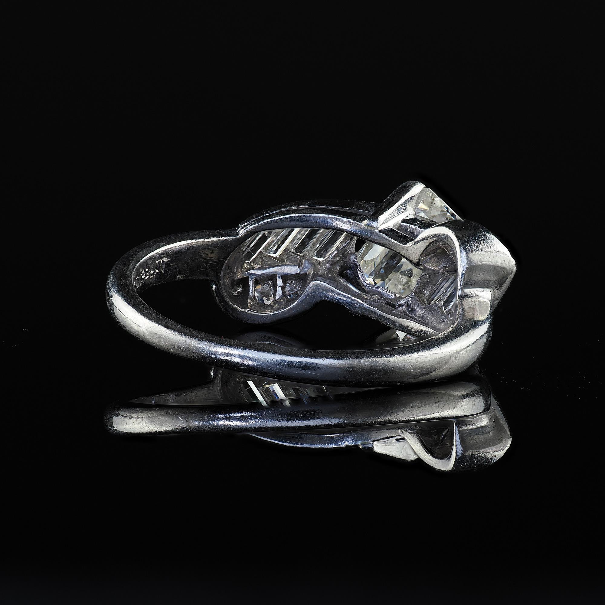 Vintage Retro Hartzberg Platinum Emerald Cut Diamond Ribbon Engagement Ring For Sale 3