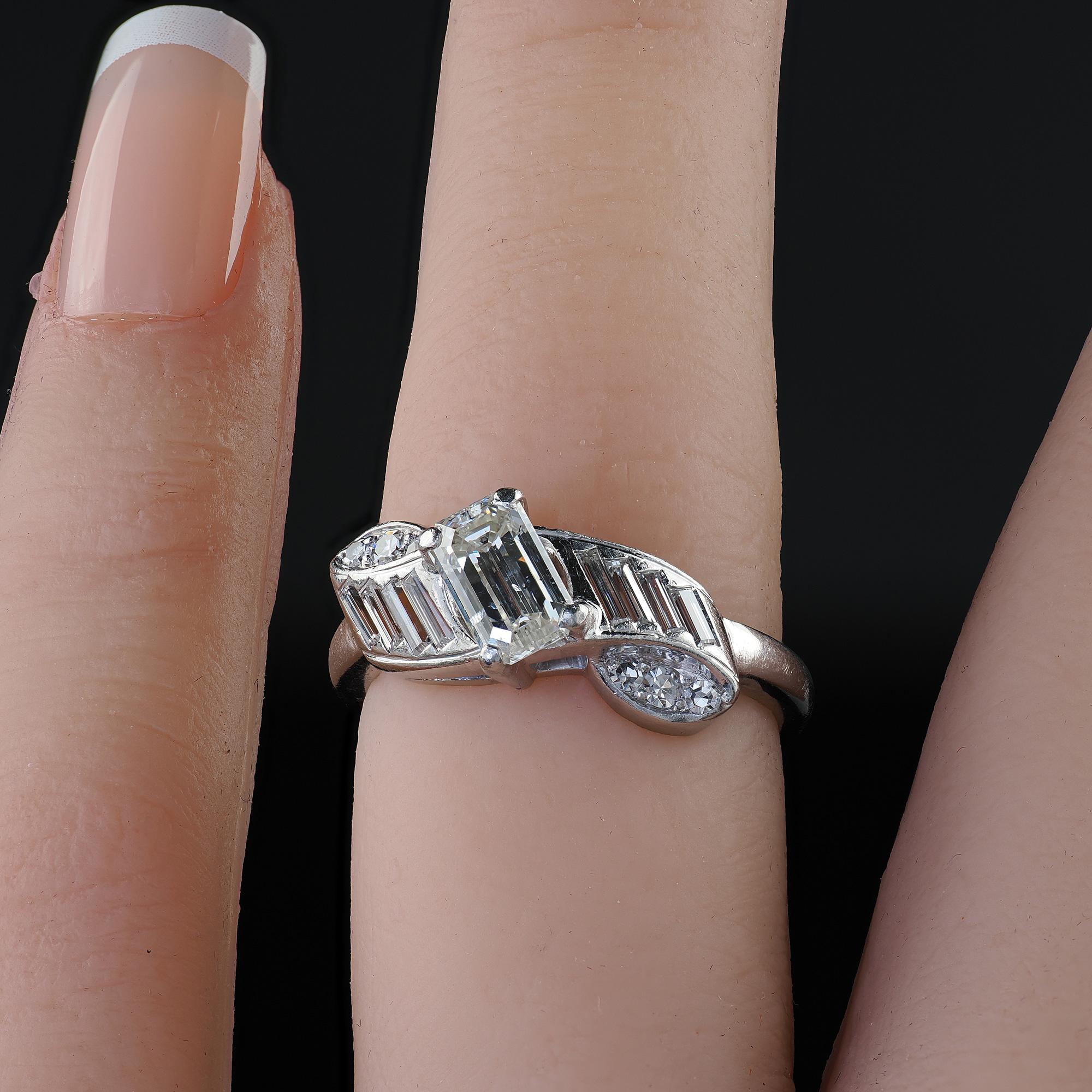 Vintage Retro Hartzberg Platinum Emerald Cut Diamond Ribbon Engagement Ring For Sale 5