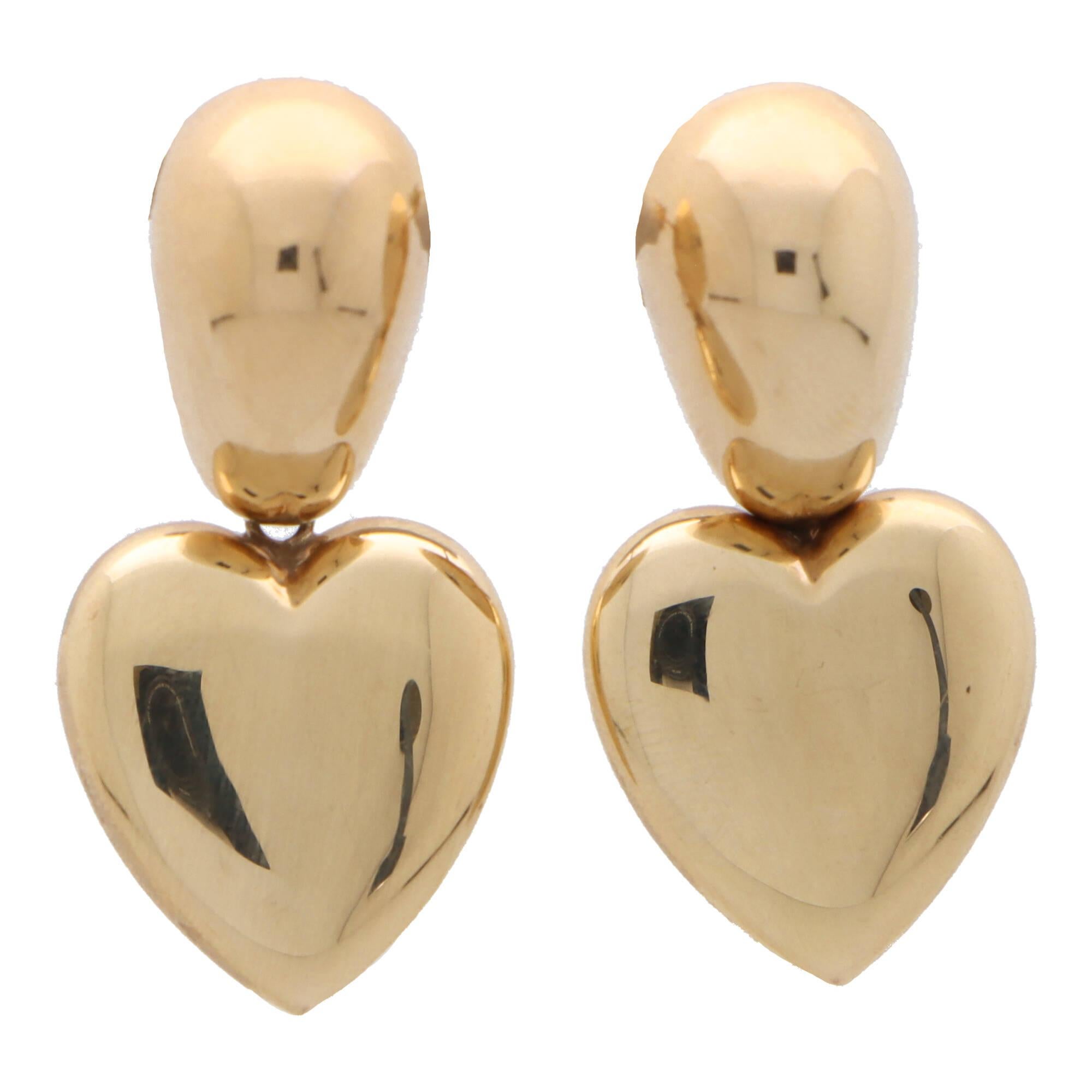 Vintage Retro Heart Drop Earrings Set in 9k Rose Gold In Excellent Condition In London, GB