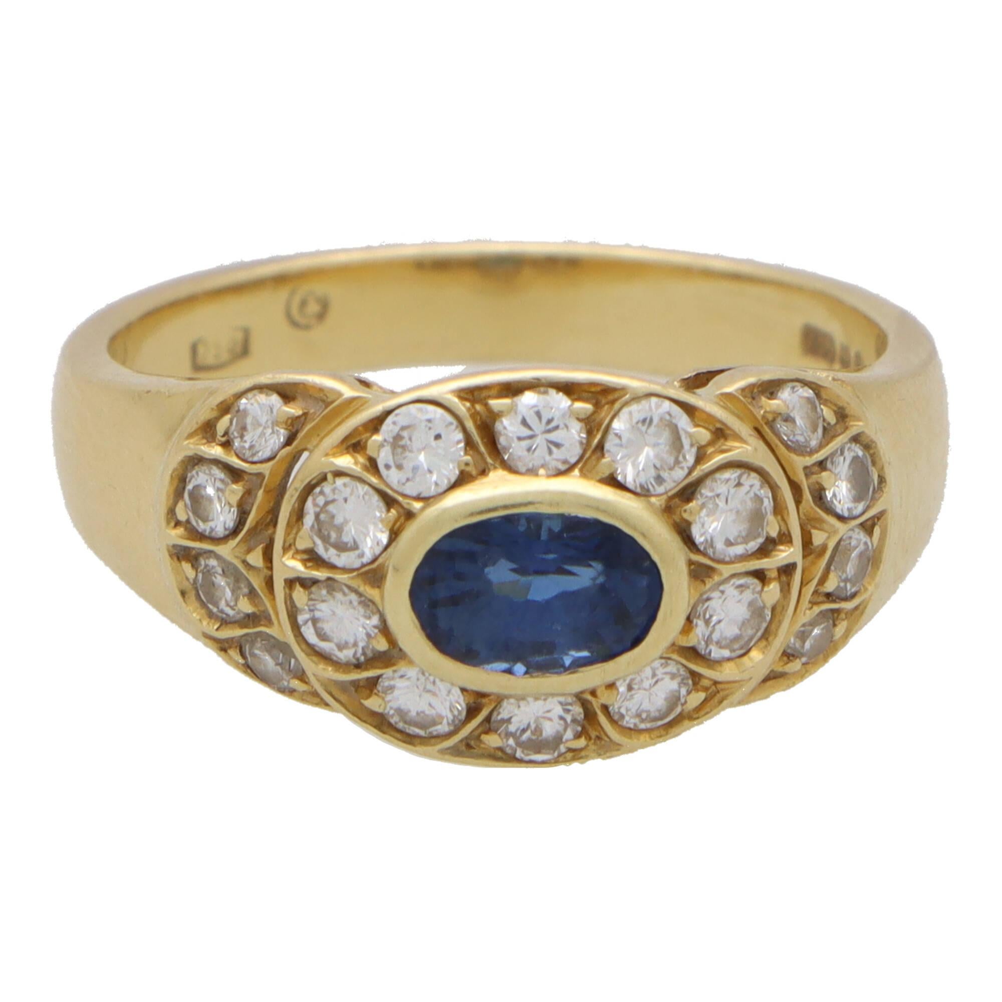 Oval Cut Vintage Retro Inspired Sapphire and Diamond Cluster Ring Set in 18k Yellow Gold For Sale