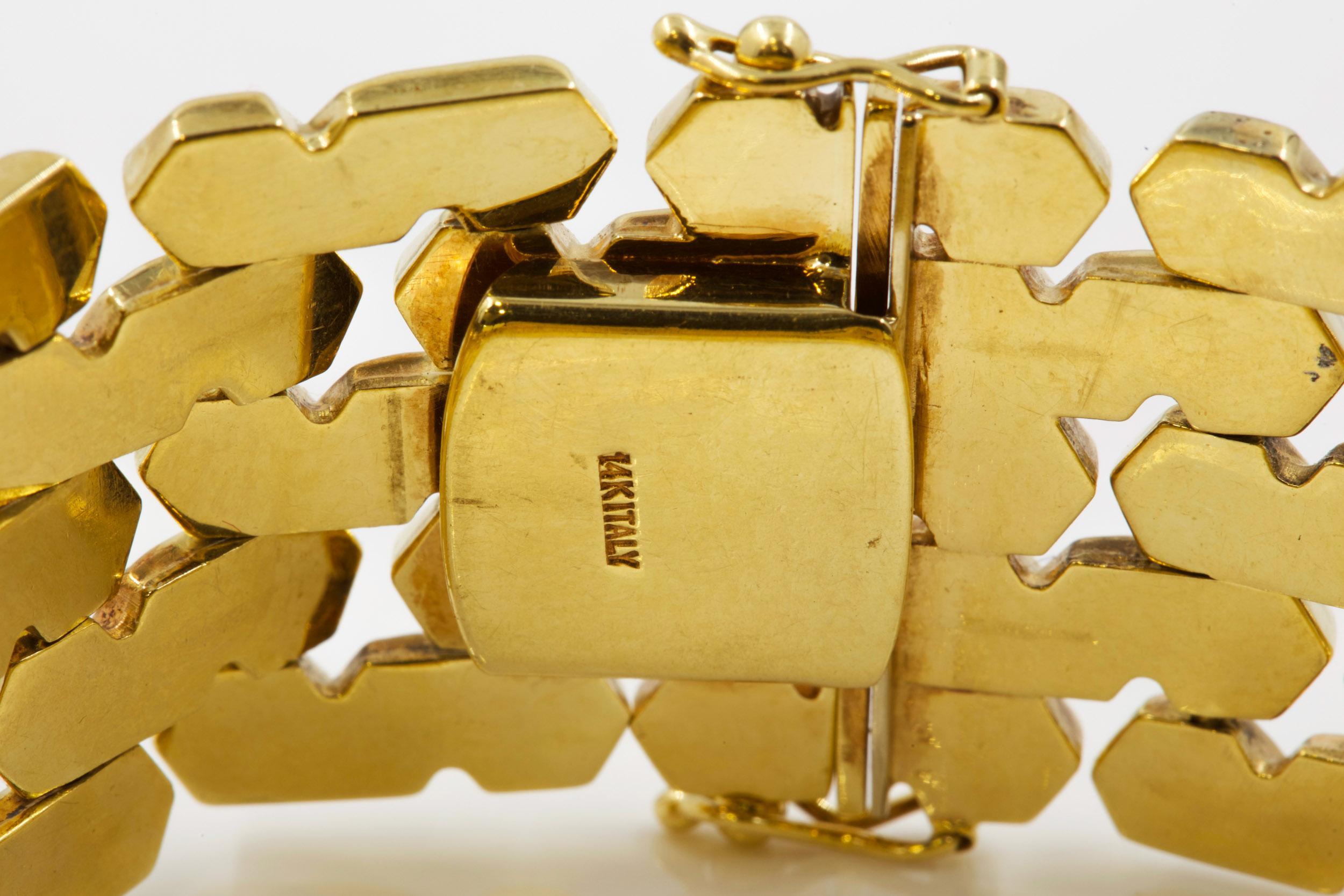 Vintage Retro Italian 14K Yellow Gold Textured Panther-Link Bracelet 7 1/8