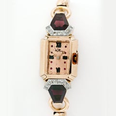 Vintage Retro Jules Jurgensen Rose Gold & Platinum Garnet & Diamond Wrist Watch