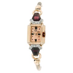 Vintage Retro Jules Jurgensen Rose Gold & Platinum Garnet & Diamond Wrist Watch