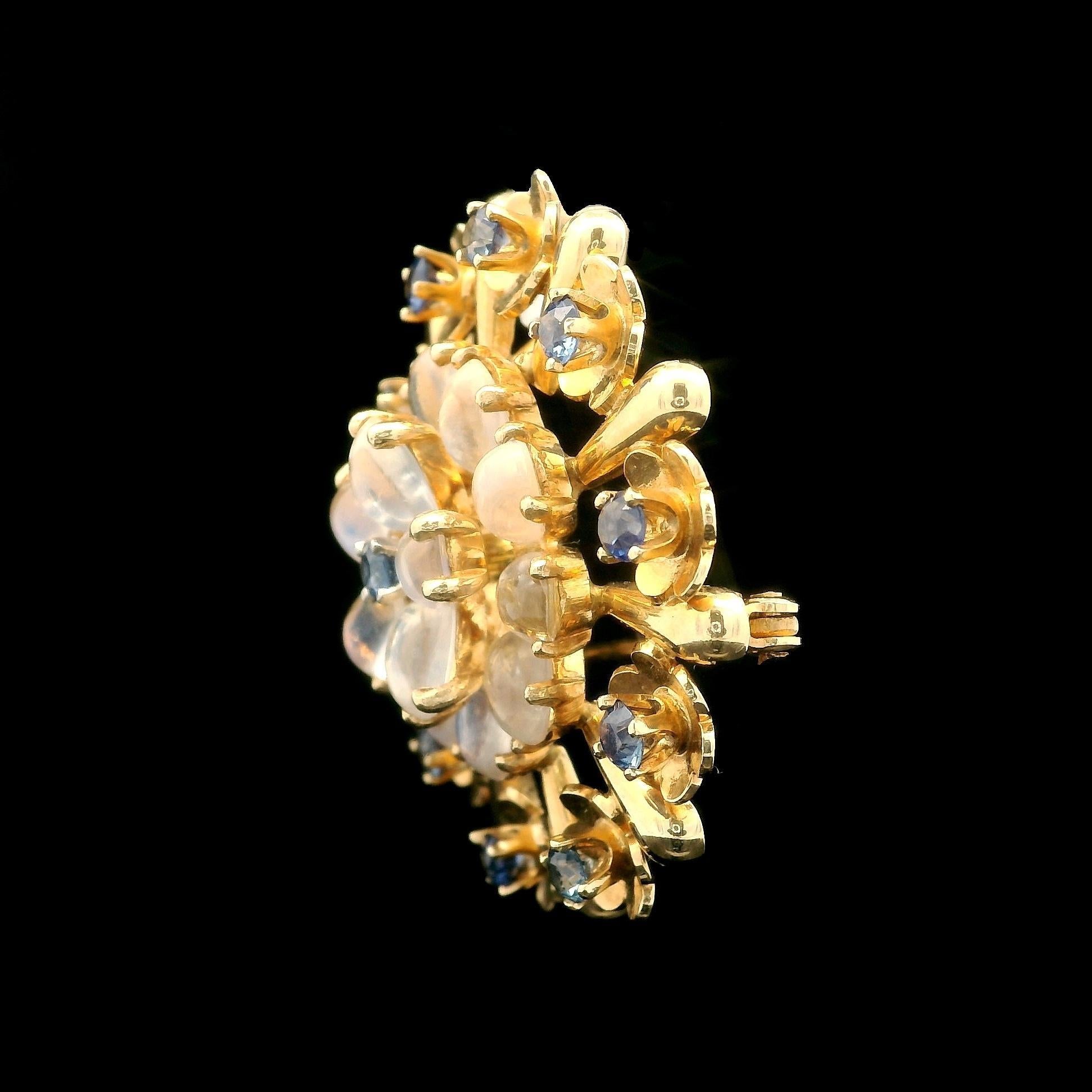 Vintage Retro Krementz 14k Gold Moonstone & Montana Sapphire Brooch Pendant For Sale 6