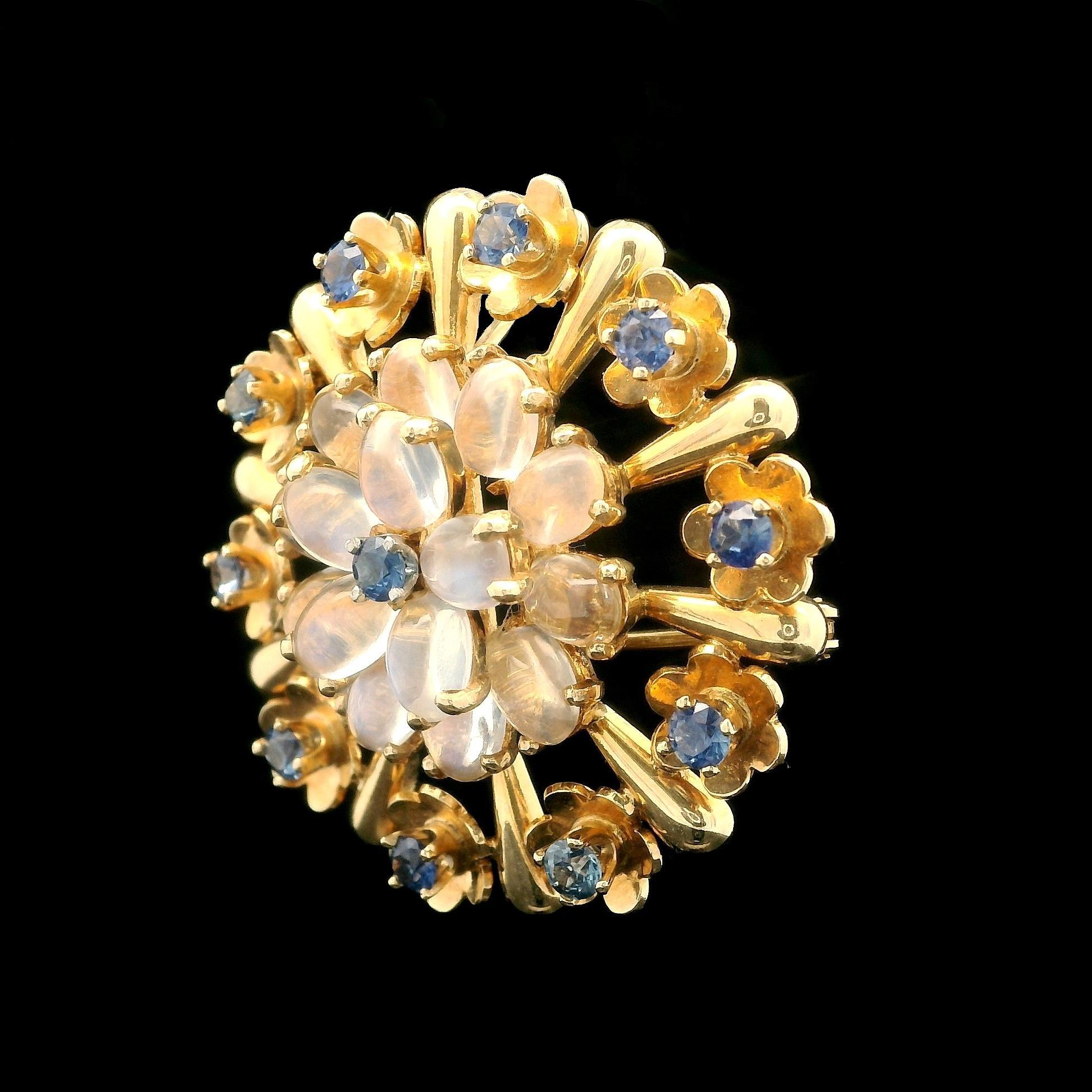 Vintage Retro Krementz 14k Gold Moonstone & Montana Sapphire Brooch Pendant For Sale 7