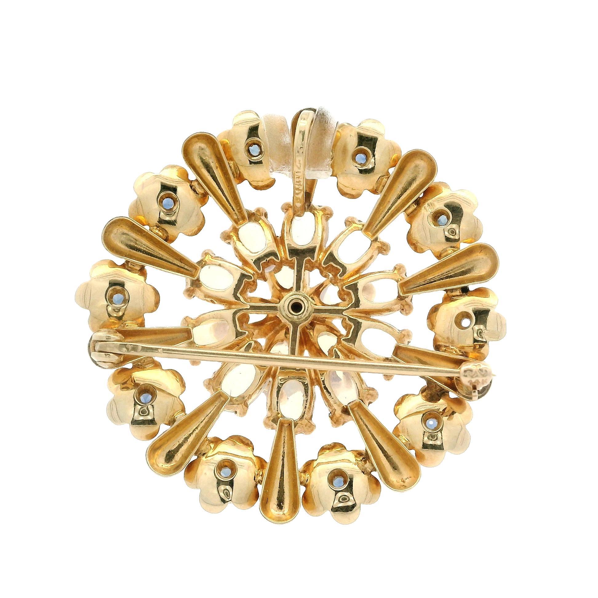 Cabochon Vintage Retro Krementz 14k Gold Moonstone & Montana Sapphire Brooch Pendant For Sale