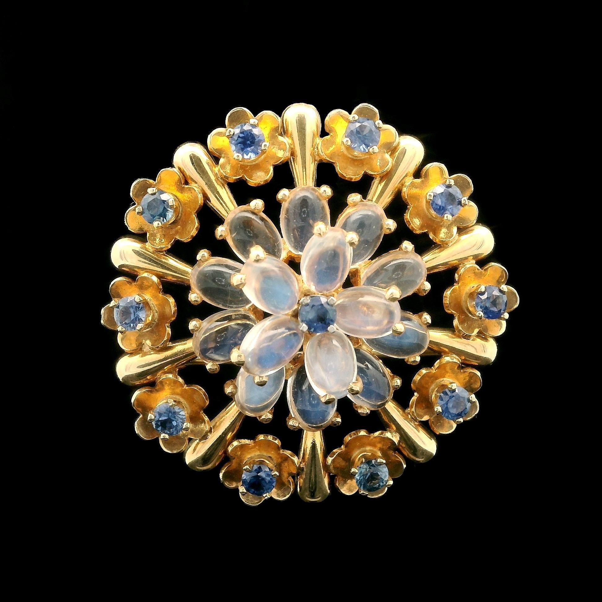 Women's Vintage Retro Krementz 14k Gold Moonstone & Montana Sapphire Brooch Pendant For Sale