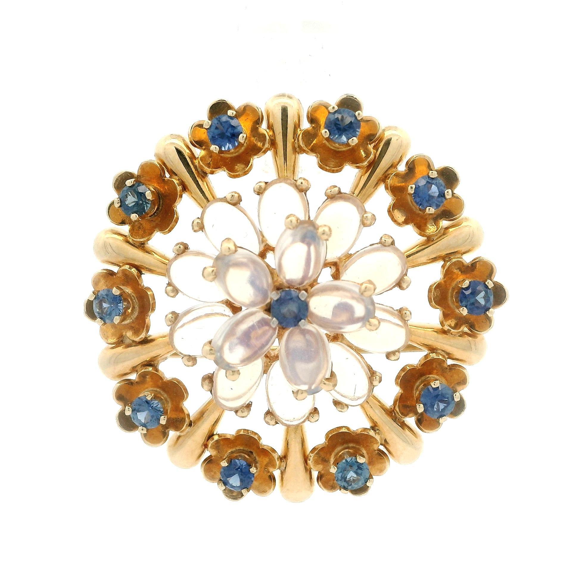 Vintage Retro Krementz 14k Gold Moonstone & Montana Sapphire Brooch Pendant For Sale 1