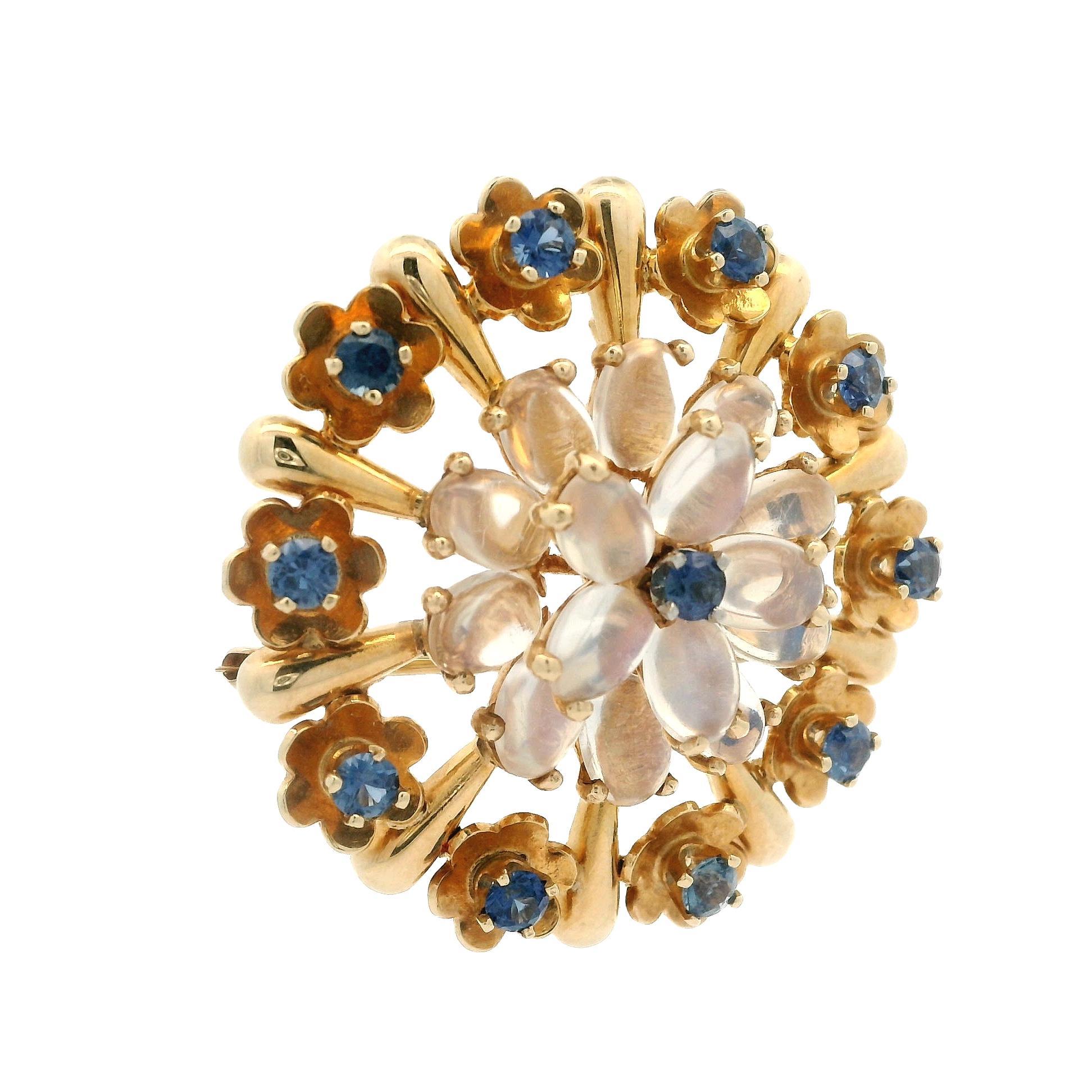 Vintage Retro Krementz 14k Gold Moonstone & Montana Sapphire Brooch Pendant For Sale 2