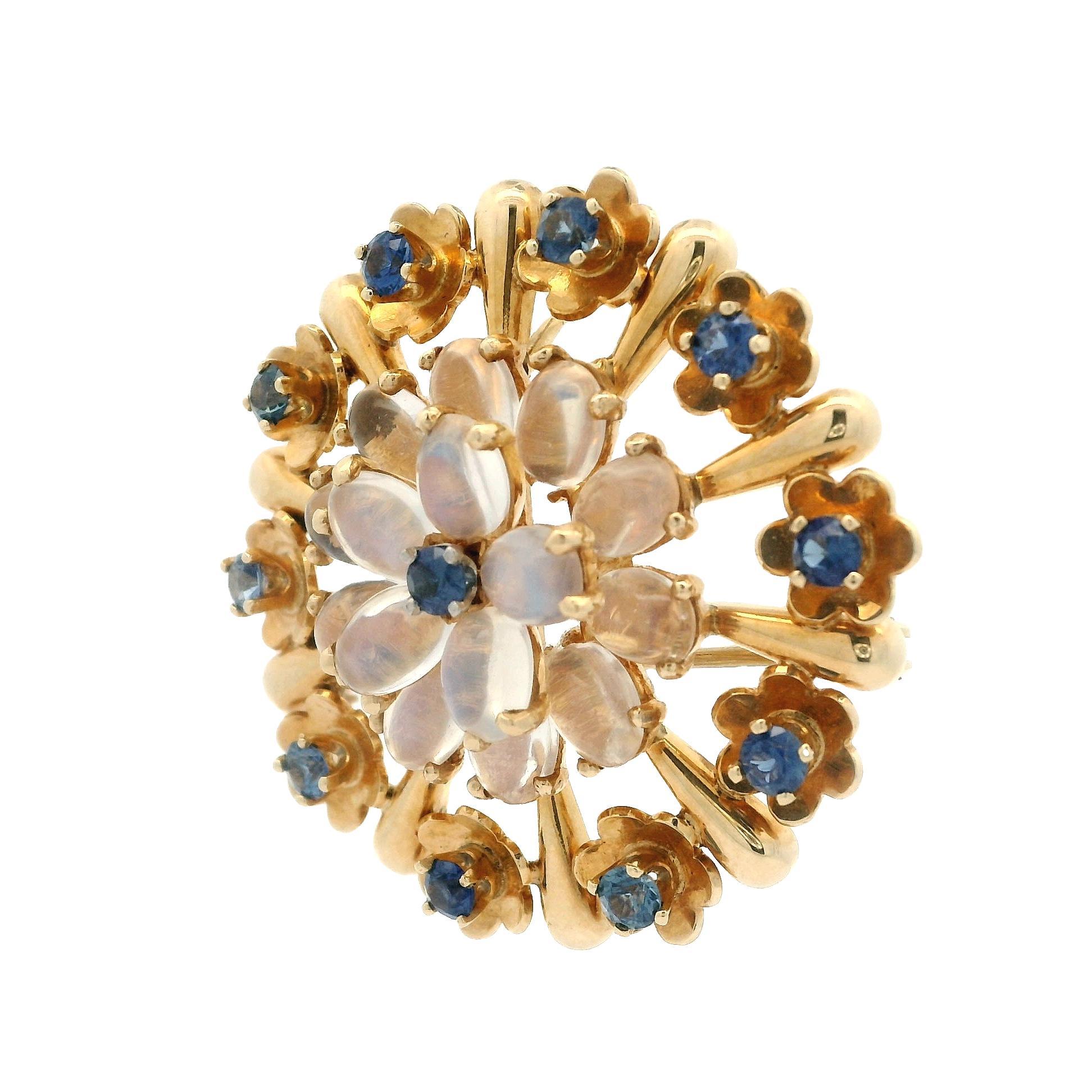 Vintage Retro Krementz 14k Gold Moonstone & Montana Sapphire Brooch Pendant For Sale 3