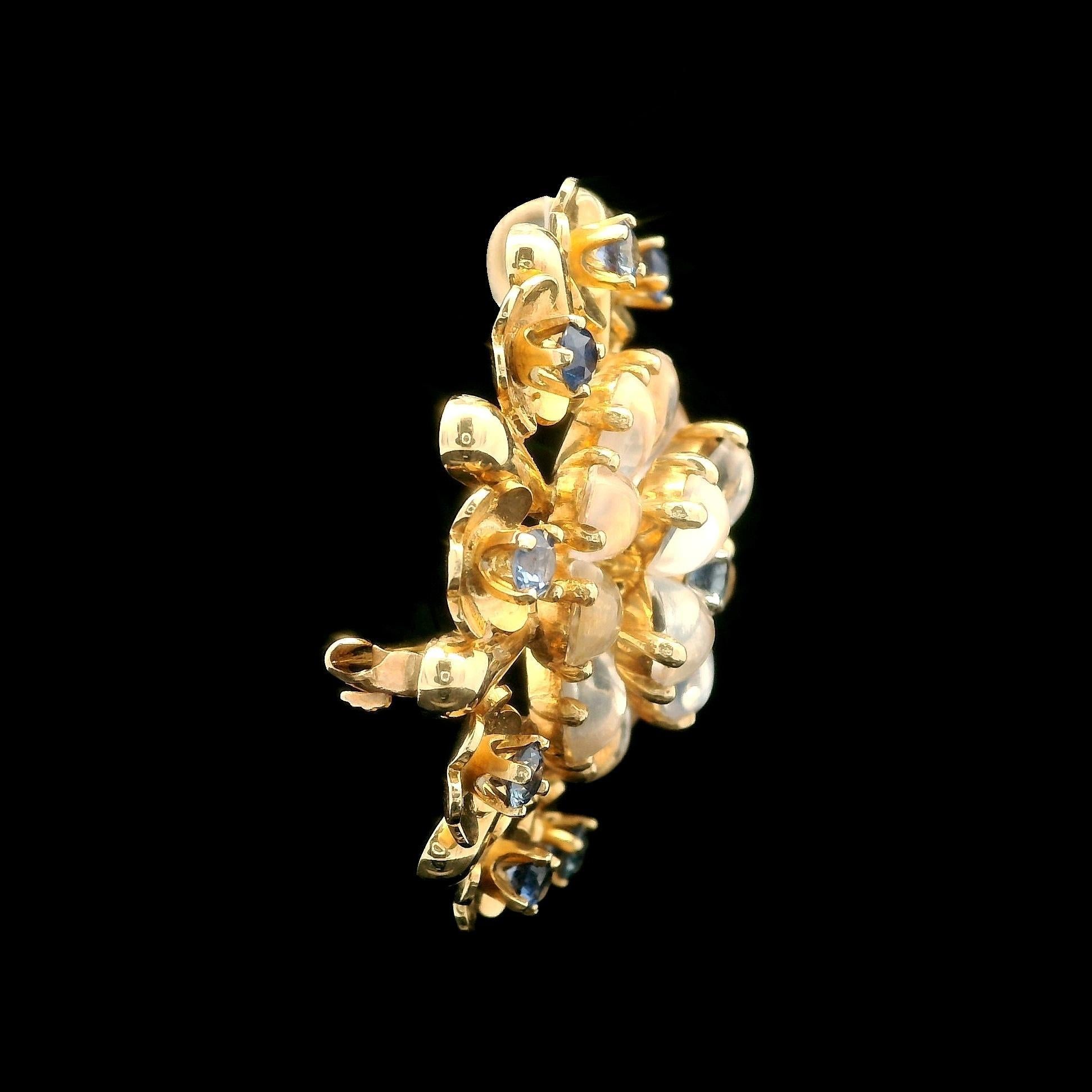 Vintage Retro Krementz 14k Gold Moonstone & Montana Sapphire Brooch Pendant For Sale 4