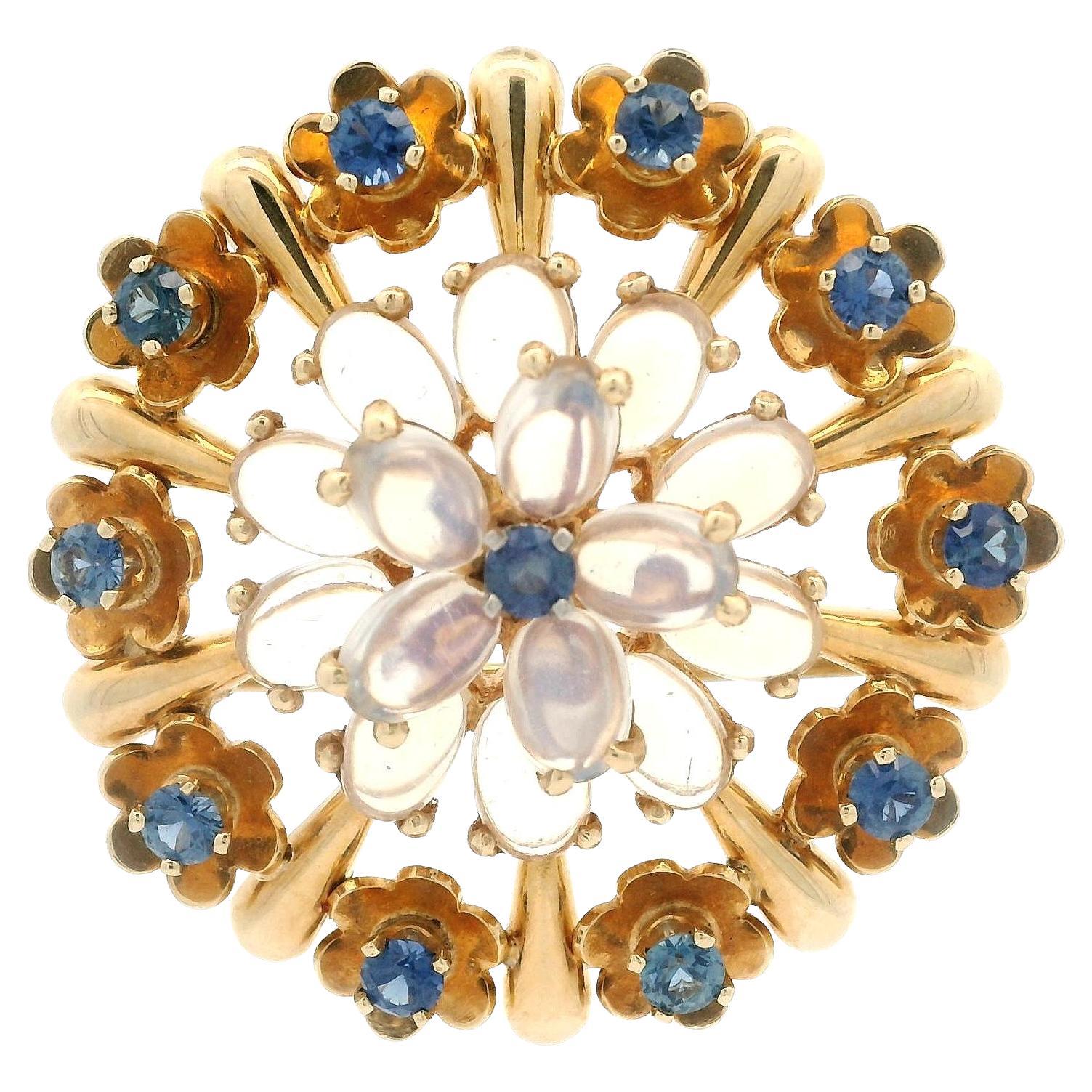 Vintage Retro Krementz 14k Gold Moonstone & Montana Sapphire Brooch Pendant