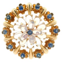 Vintage Retro Krementz 14k Gold Moonstone & Montana Sapphire Brooch Pendant