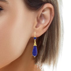 Vintage Retro Lapis Lazuli 18K Gold Drop Earrings
