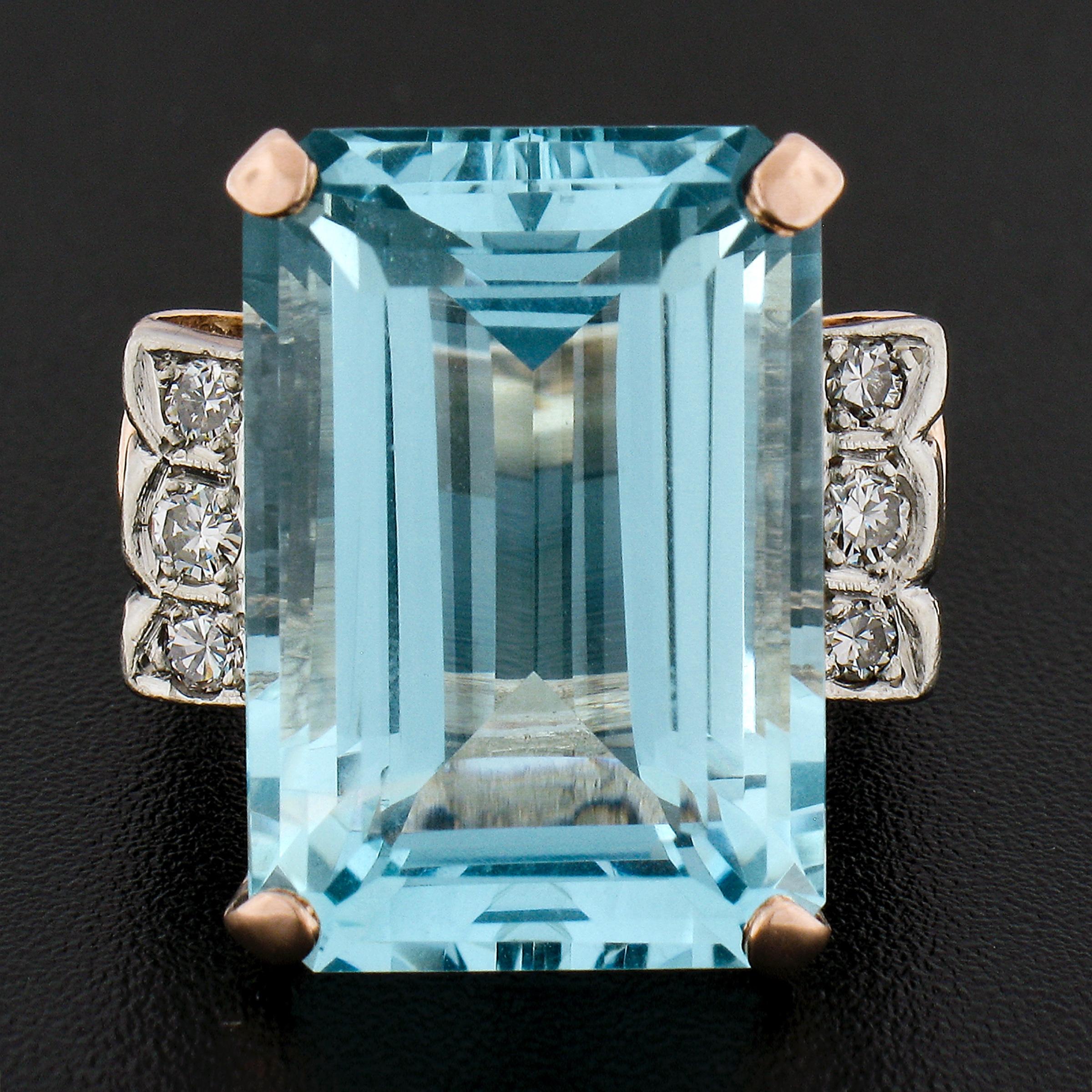 This absolutely stunning vintage retro cocktail ring features a very fine quality aquamarine stone, weighing 19.84 carats with the most outstanding and rich sky blue color throughout its large emerald step cutting style. The ring is screaming Retro!