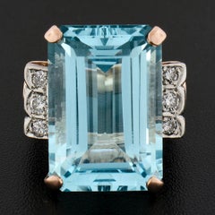 Vintage Retro Large 20ct GIA Rectangular Aquamarine & Diamond Gold Cocktail Ring