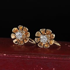 Vintage Retro Lester & Co 14K Yellow Gold Diamond Floral Screw On Earrings