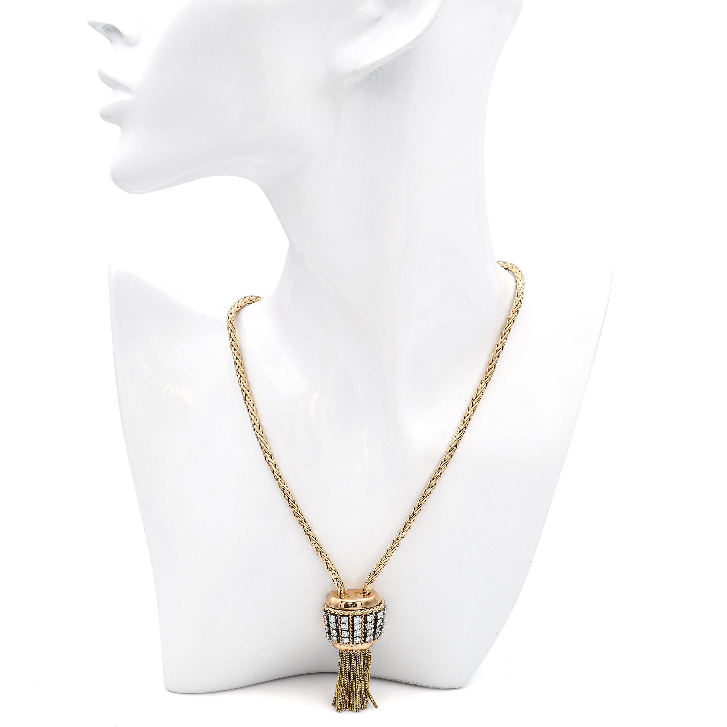Round Cut Vintage Retro Maison Sasportas 18k Yellow Gold and Diamond Watch Necklace For Sale