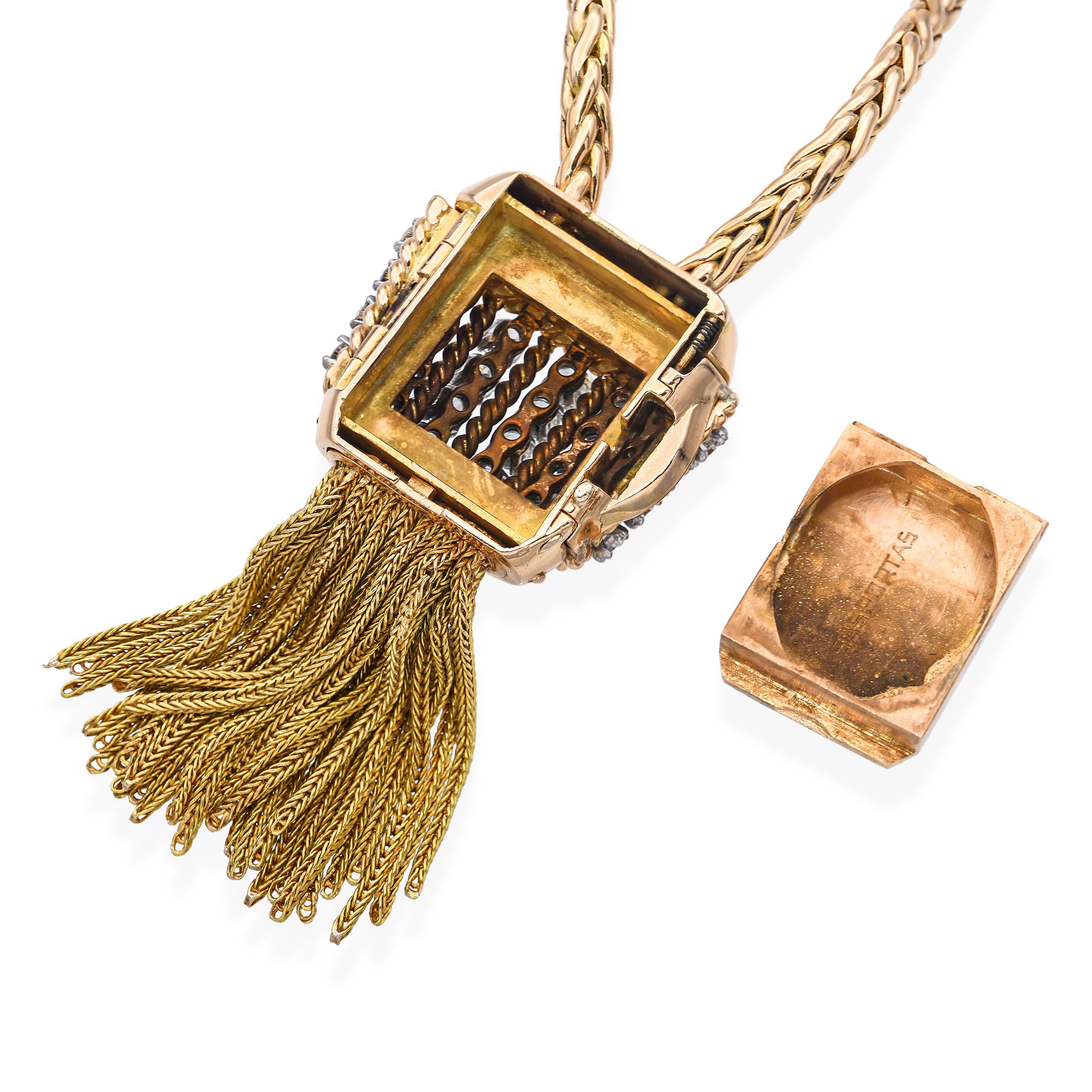 Vintage Retro Maison Sasportas 18k Yellow Gold and Diamond Watch Necklace In Good Condition For Sale In New York, NY