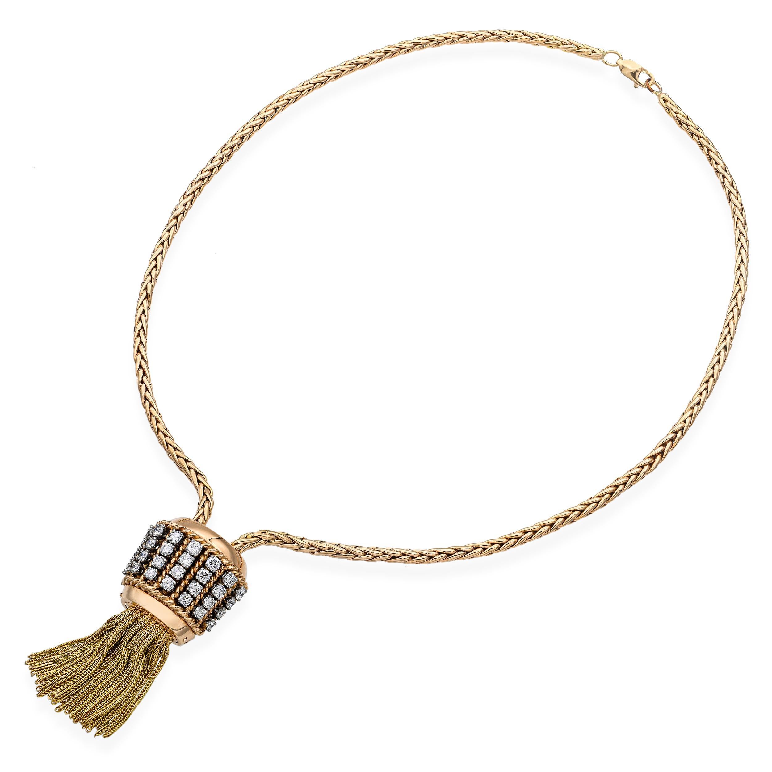 Women's Vintage Retro Maison Sasportas 18k Yellow Gold and Diamond Watch Necklace For Sale