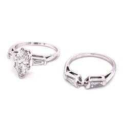 Vintage Retro Marquis Diamond Platinum Circa 1950s Wedding Band Set Rings