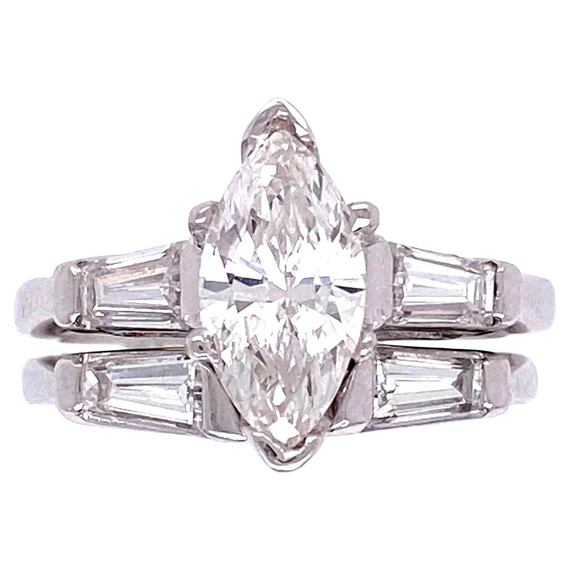 Vintage Retro Marquis Diamond Platinum Circa 1950s Wedding Band Set Rings en vente