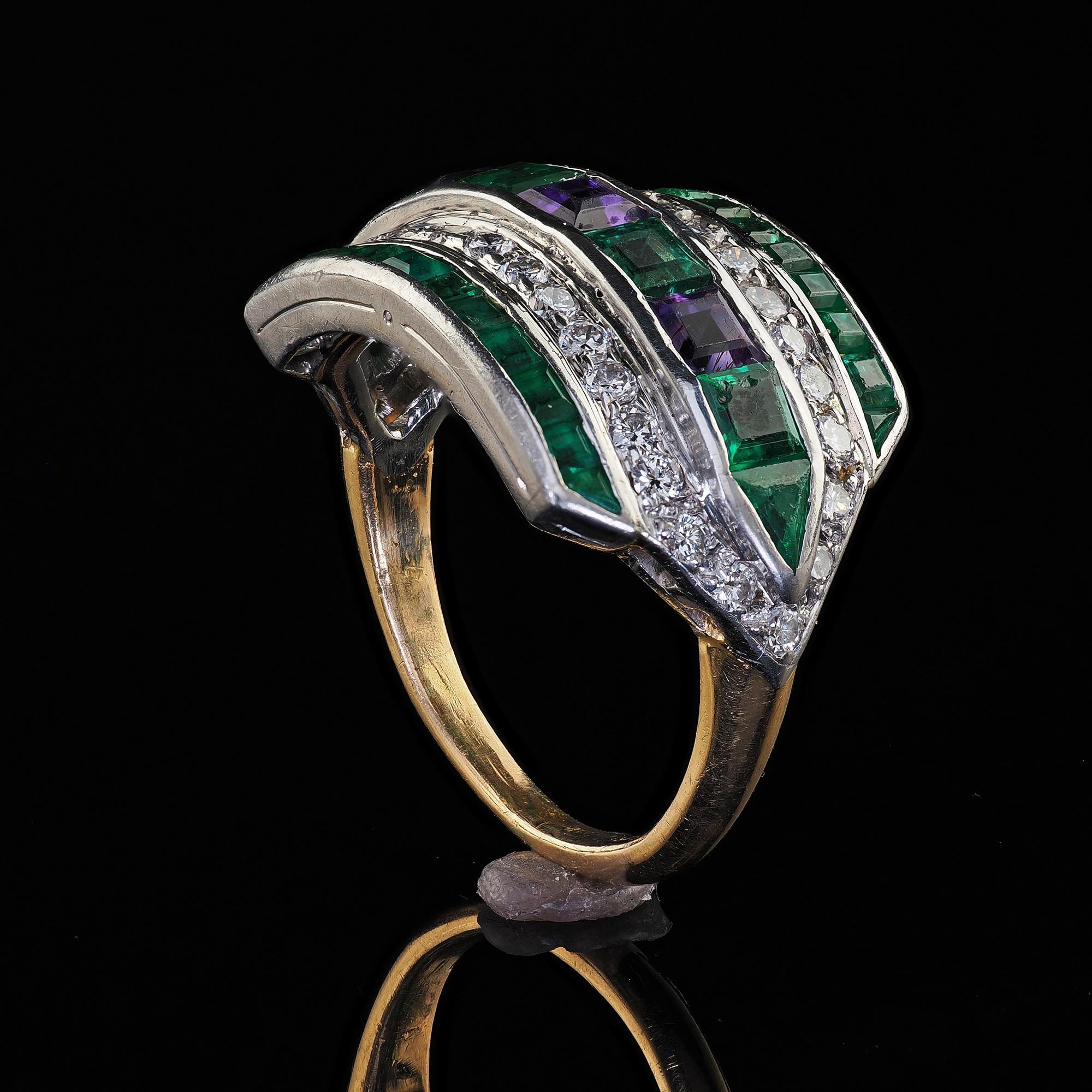 Vintage Retro Maurice Tishman 18K Gold Platinum Diamond Emerald Amethyst Ring 5