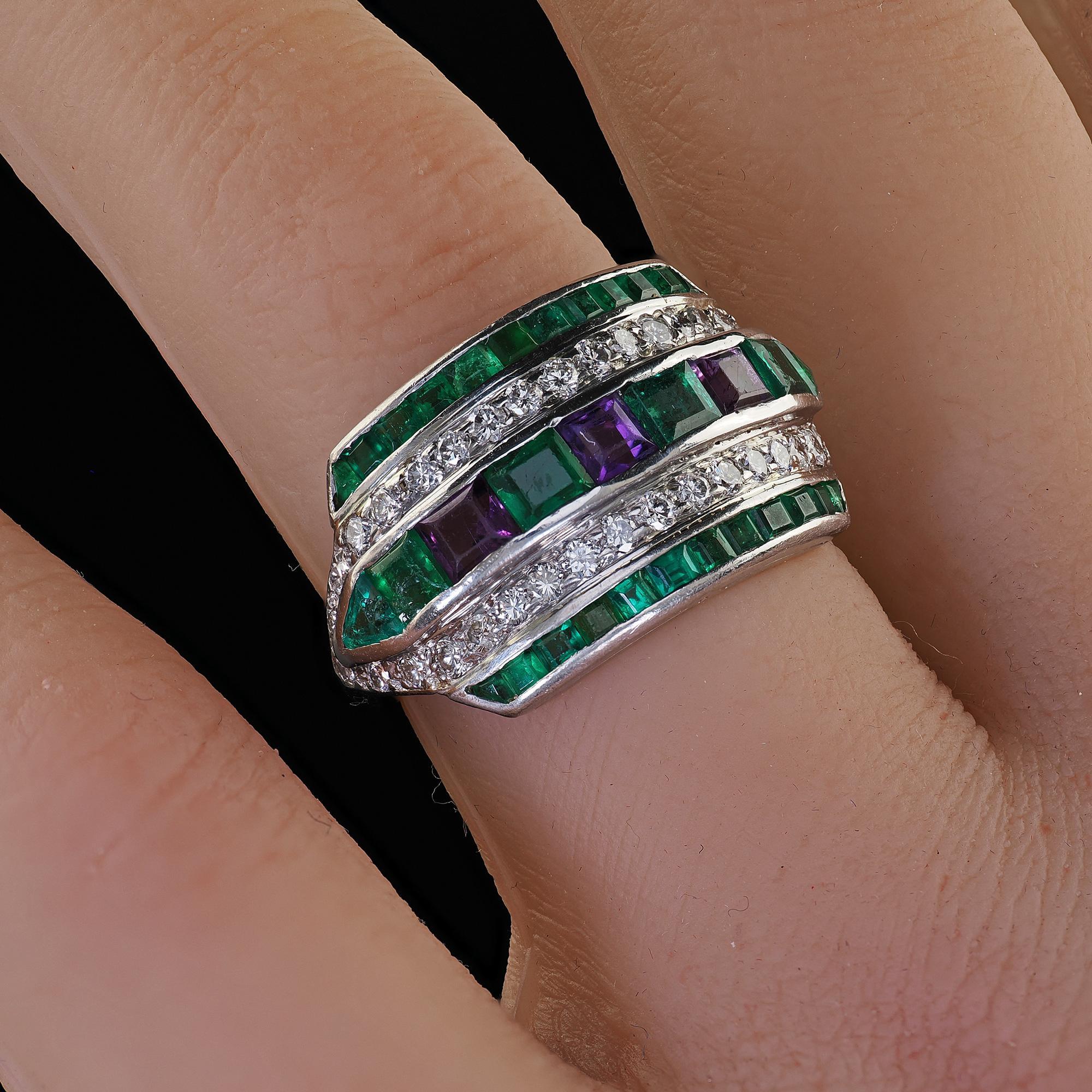 Vintage Retro Maurice Tishman 18K Gold Platinum Diamond Emerald Amethyst Ring 6