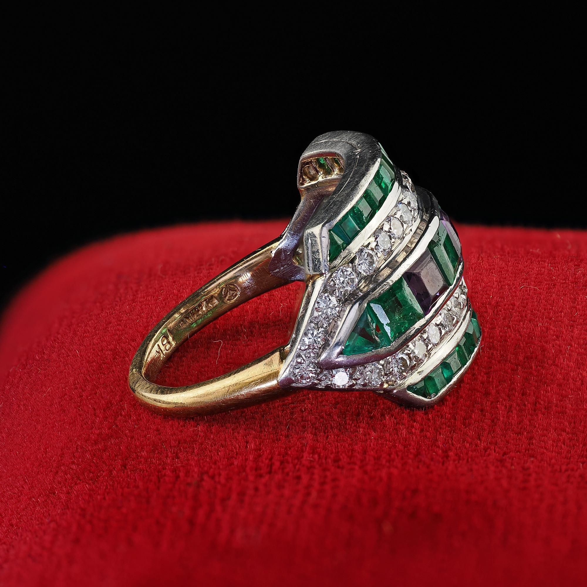 Vintage Retro Maurice Tishman 18K Gold Platinum Diamond Emerald Amethyst Ring In Good Condition In Great Neck, NY
