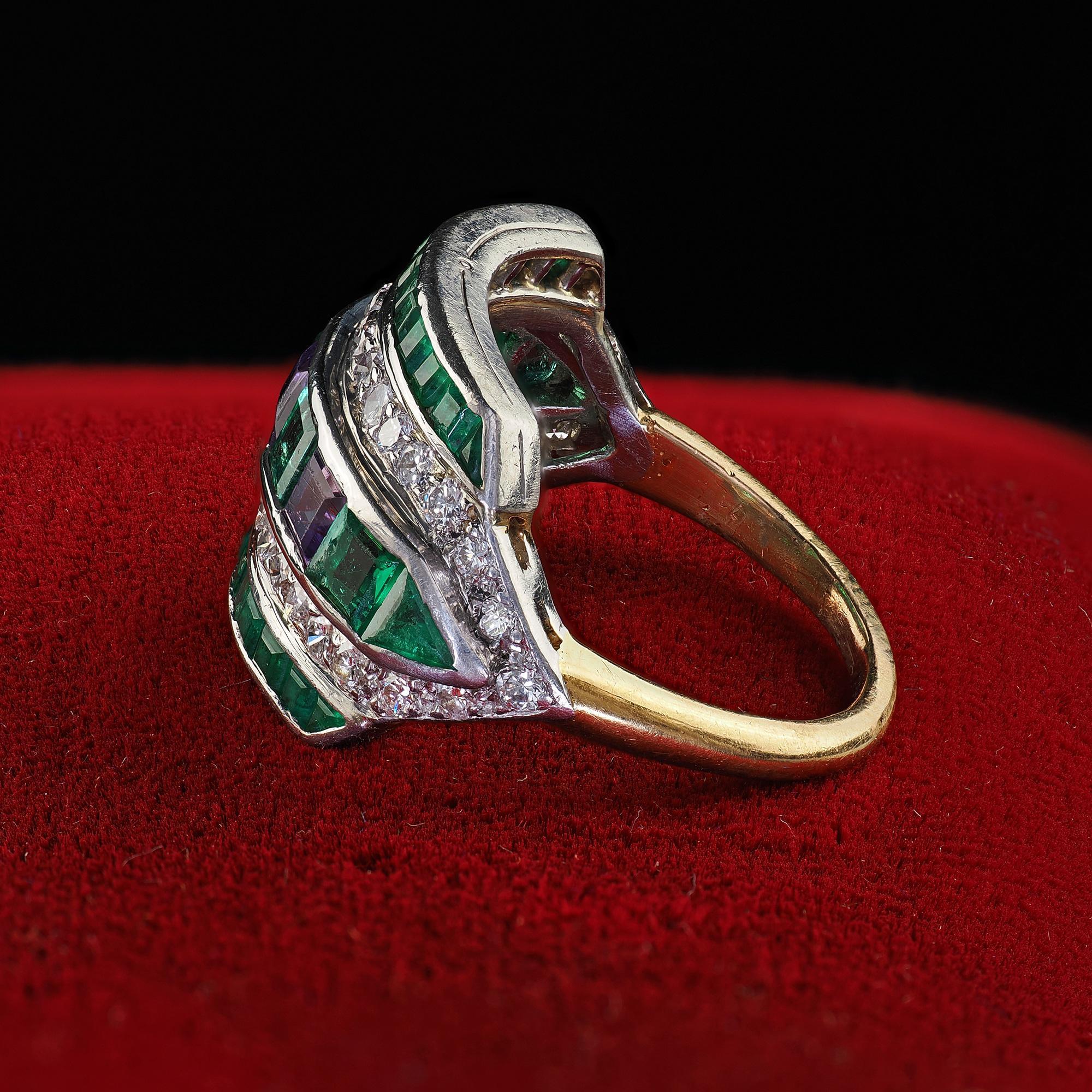 Women's Vintage Retro Maurice Tishman 18K Gold Platinum Diamond Emerald Amethyst Ring