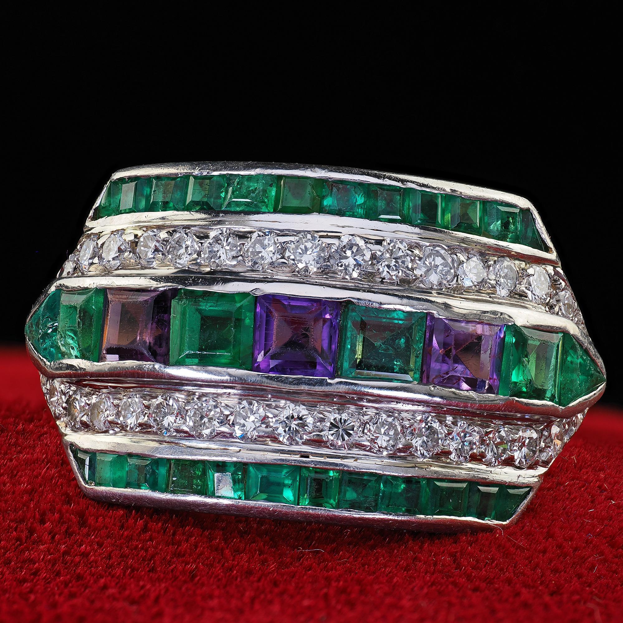 Vintage Retro Maurice Tishman 18K Gold Platinum Diamond Emerald Amethyst Ring 1