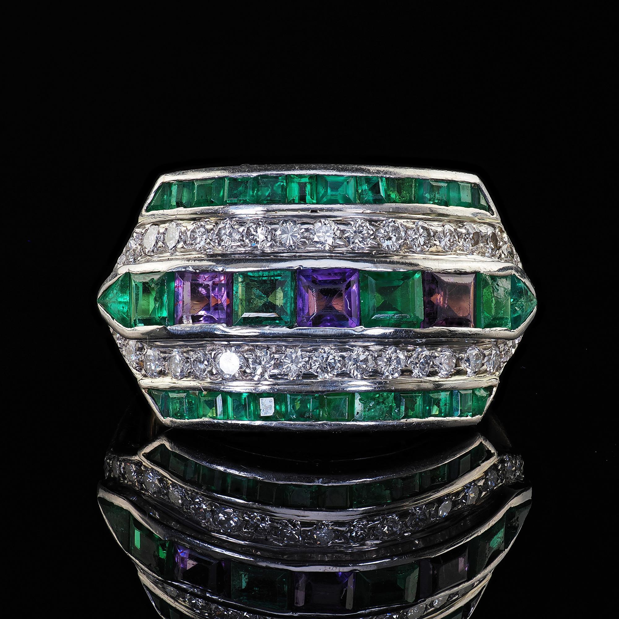 Vintage Retro Maurice Tishman 18K Gold Platinum Diamond Emerald Amethyst Ring 3