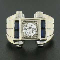 Vintage Retro Men's 14K Gold Old Transitional Diamond Solitaire W/ Sapphire Ring
