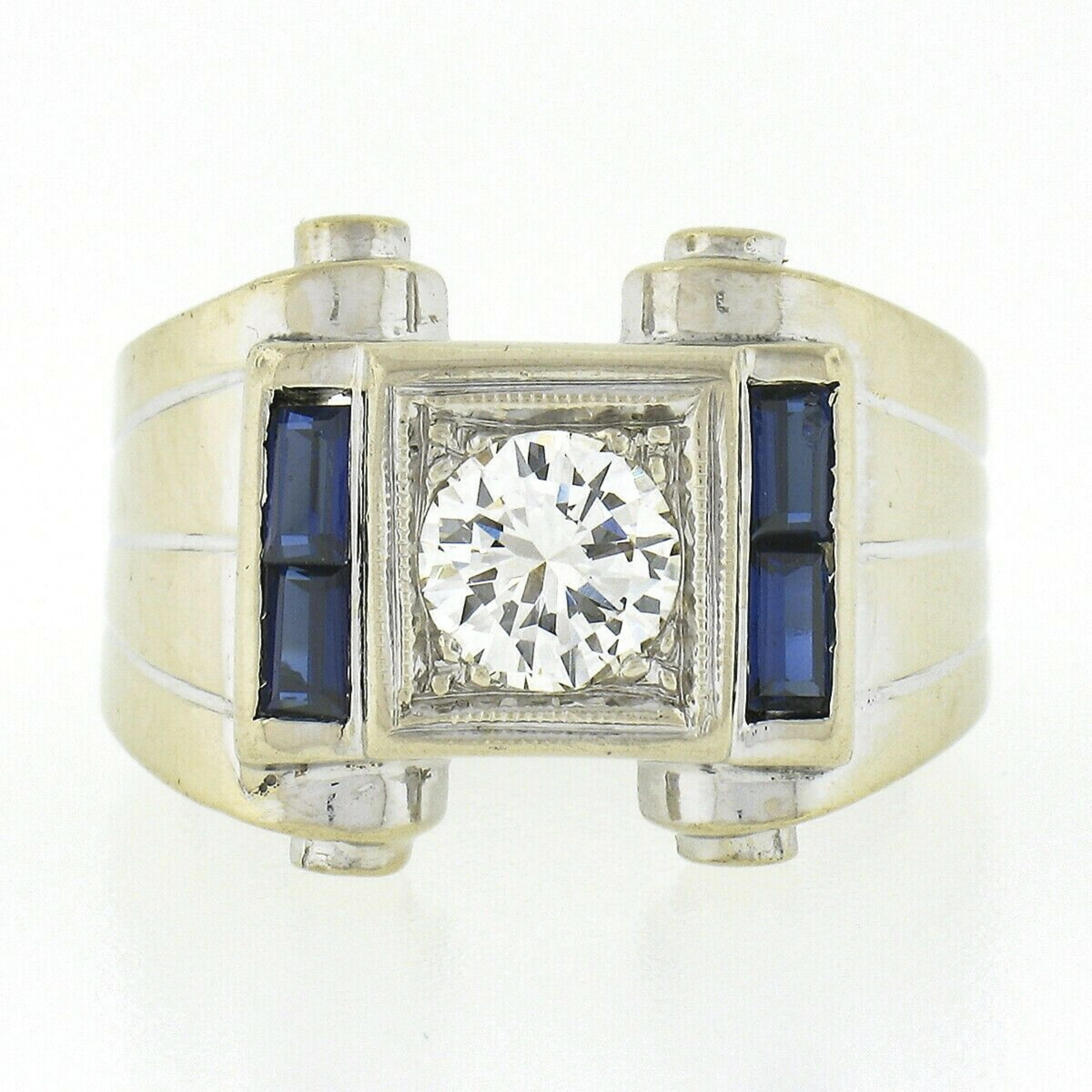 Emerald Cut Vintage Retro Men's 14K Gold Old Transitional Diamond Solitaire W/ Sapphire Ring For Sale