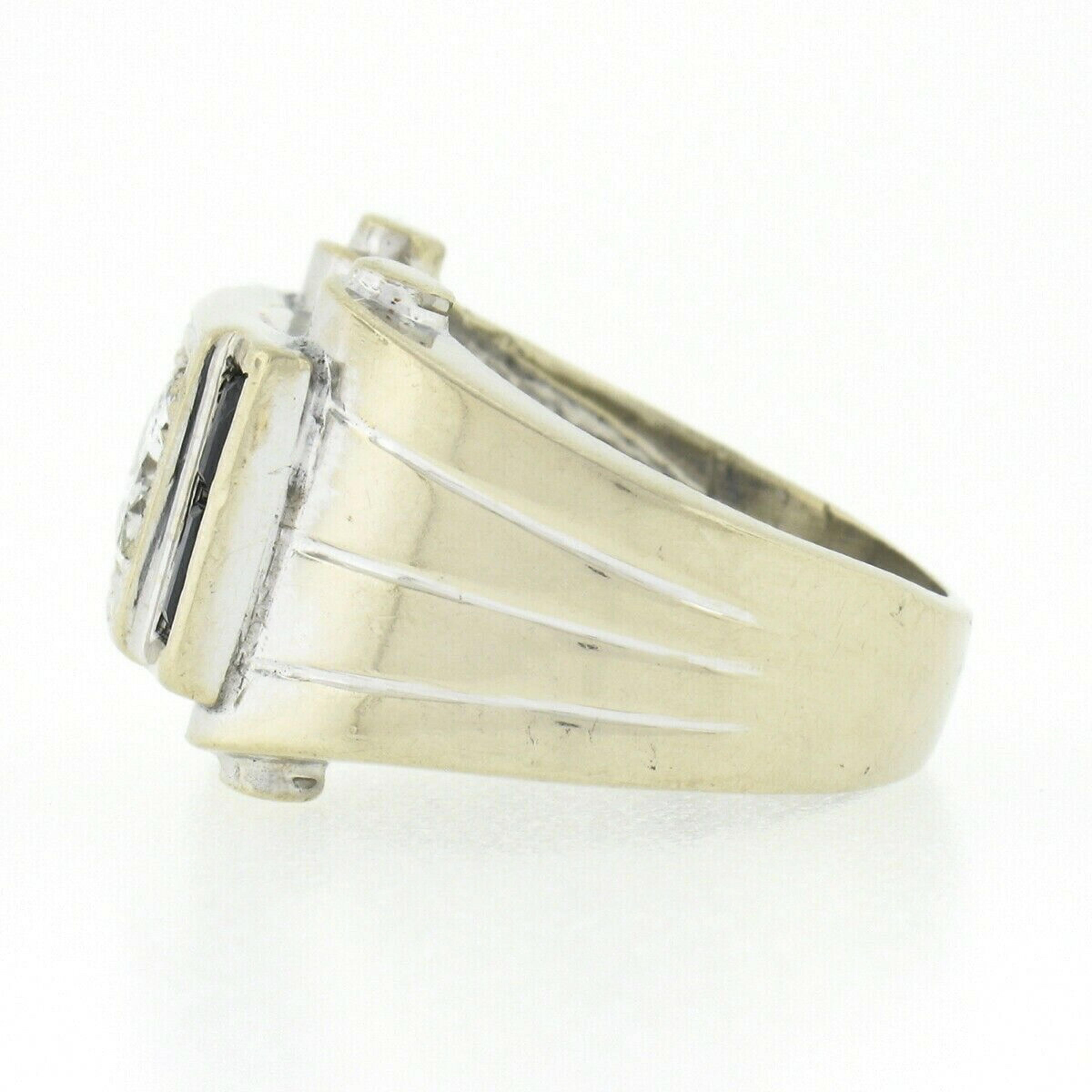Women's or Men's Vintage Retro Men's 14K Gold Old Transitional Diamond Solitaire W/ Sapphire Ring For Sale