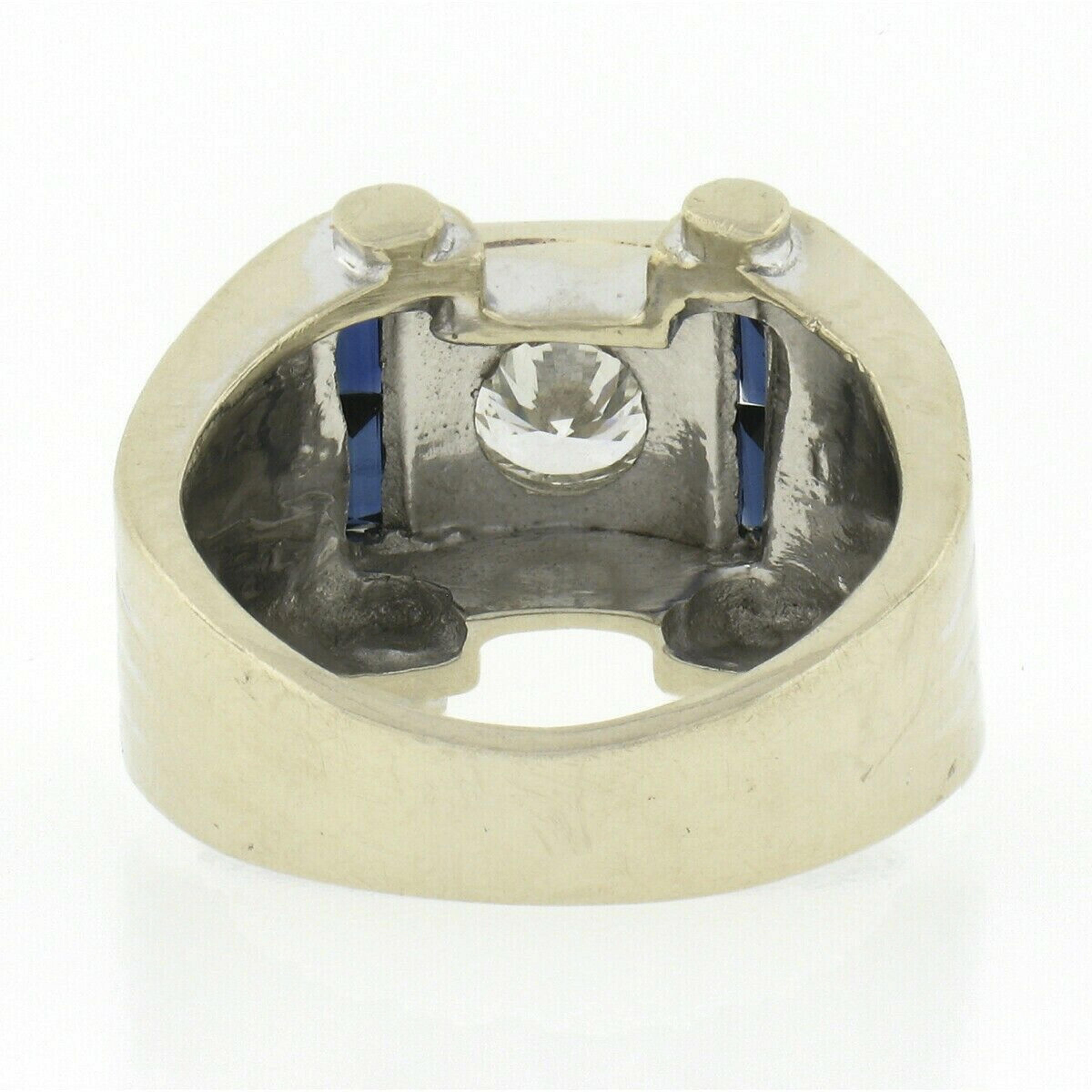 Vintage Retro Men's 14K Gold Old Transitional Diamond Solitaire W/ Sapphire Ring For Sale 1