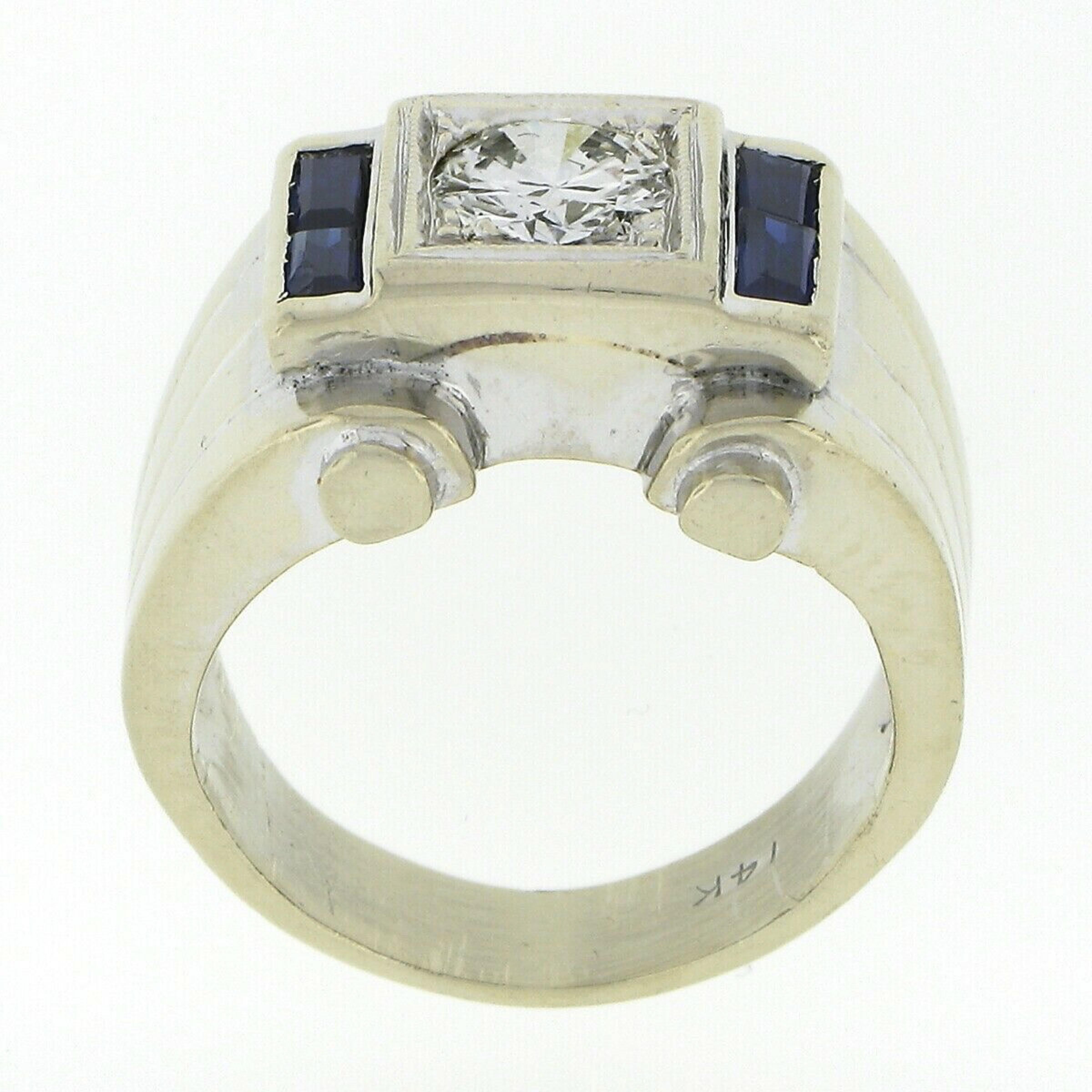 Vintage Retro Men's 14K Gold Old Transitional Diamond Solitaire W/ Sapphire Ring For Sale 2