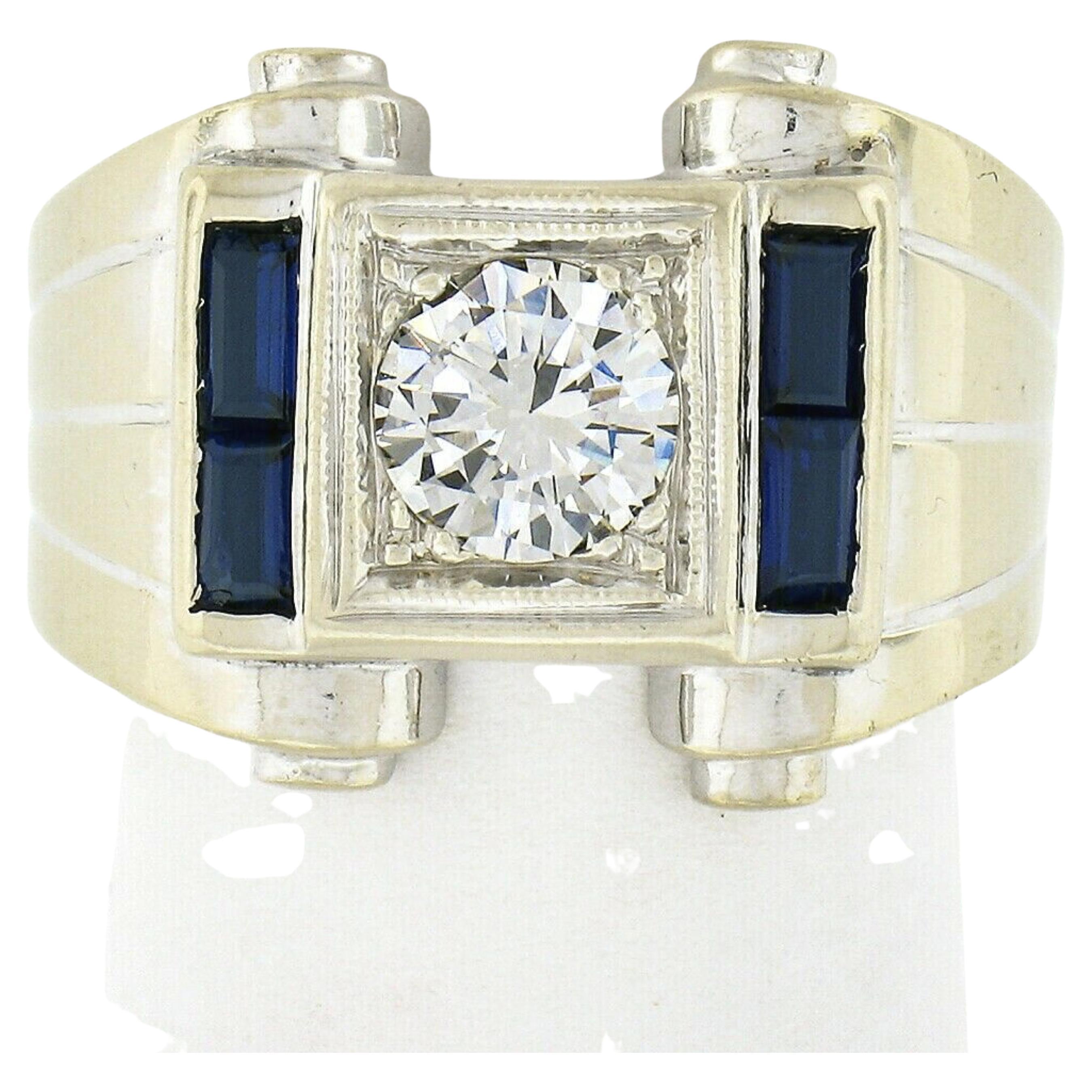 Vintage Retro Men's 14K Gold Old Transitional Diamond Solitaire W/ Sapphire Ring For Sale