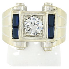 Vintage Retro Men's 14K Gold Old Transitional Diamond Solitaire W/ Sapphire Ring