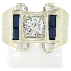 Retro Retro Men's 14K Gold Old Transitional Diamond Solitaire W/ Sapphire Ring