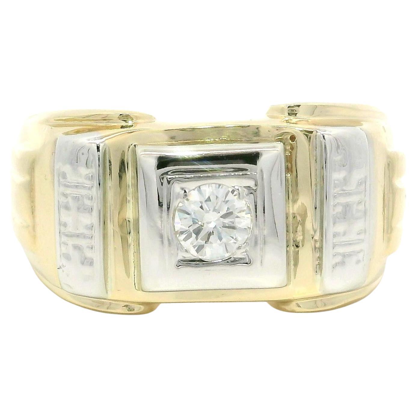 Vintage Retro Men's Yellow & White Gold 0.25ctw Fiery Diamond Grooved Band Ring