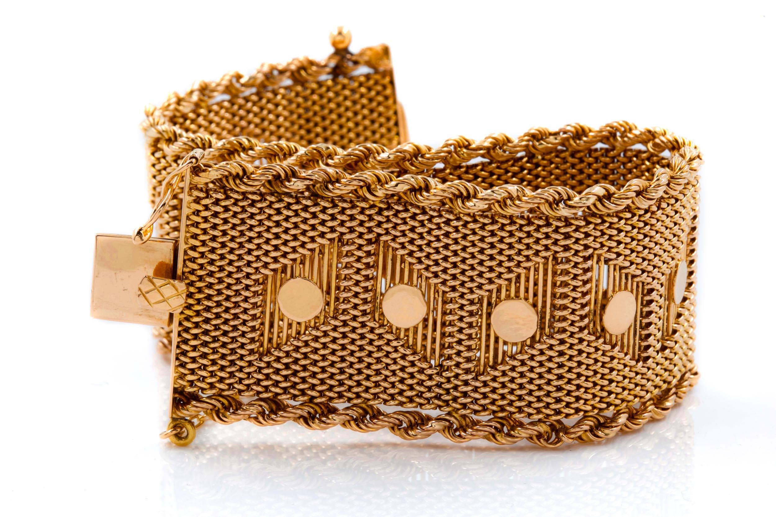 20th Century Vintage Retro Mid Century Woven 18K Gold Bracelet, 7 3/4