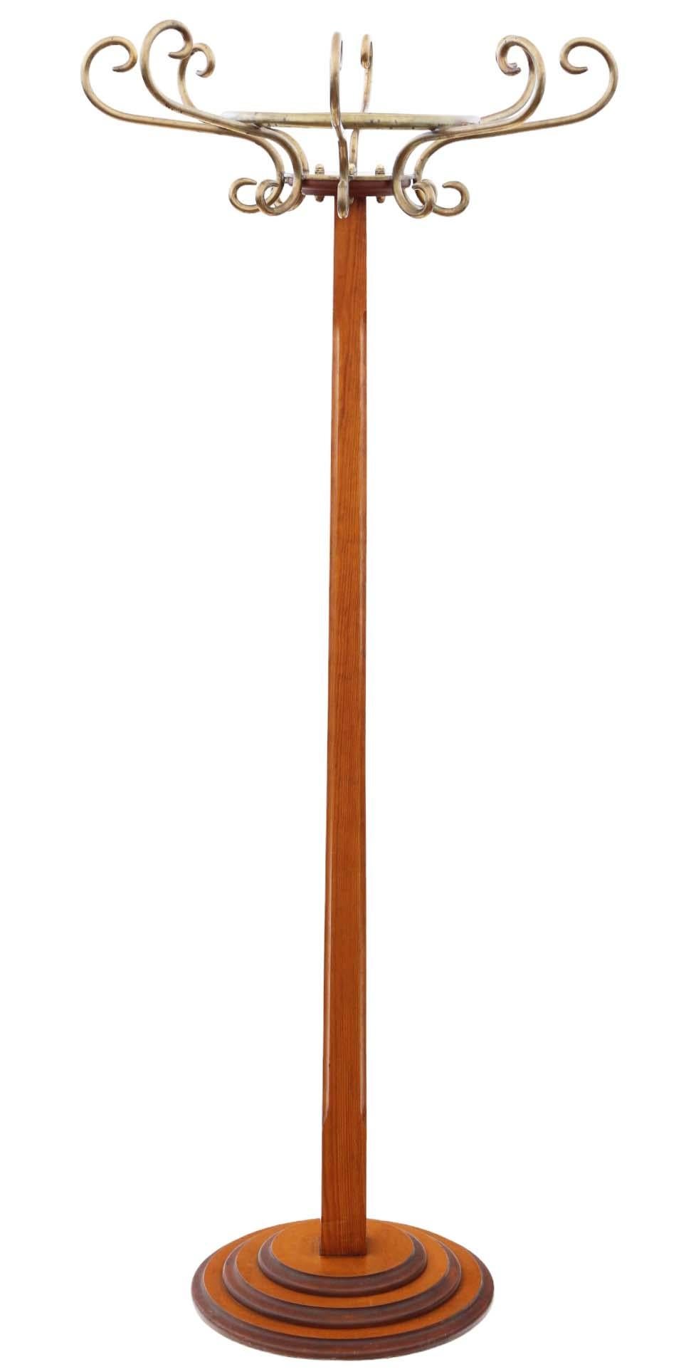 Vintage Retro Large Quality Mixed Wood and Brass Hall Stand - Art Deco Style Coat/Hat Rack dating from the mid-20th Century.

This piece boasts solid and robust construction, displaying no loose joints or woodworm. It stands out as a real statement