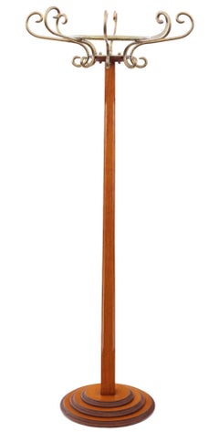 Vintage Retro Mixed Wood and Brass Hall Stand - Art Deco Style Coat/Hat Rack