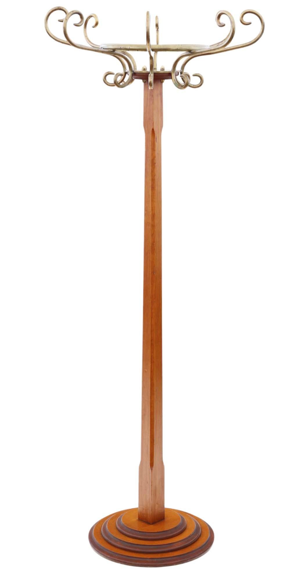 Victorian Vintage Retro Mixed Wood and Brass Hall Stand - Art Deco Style Coat/Hat Rack For Sale