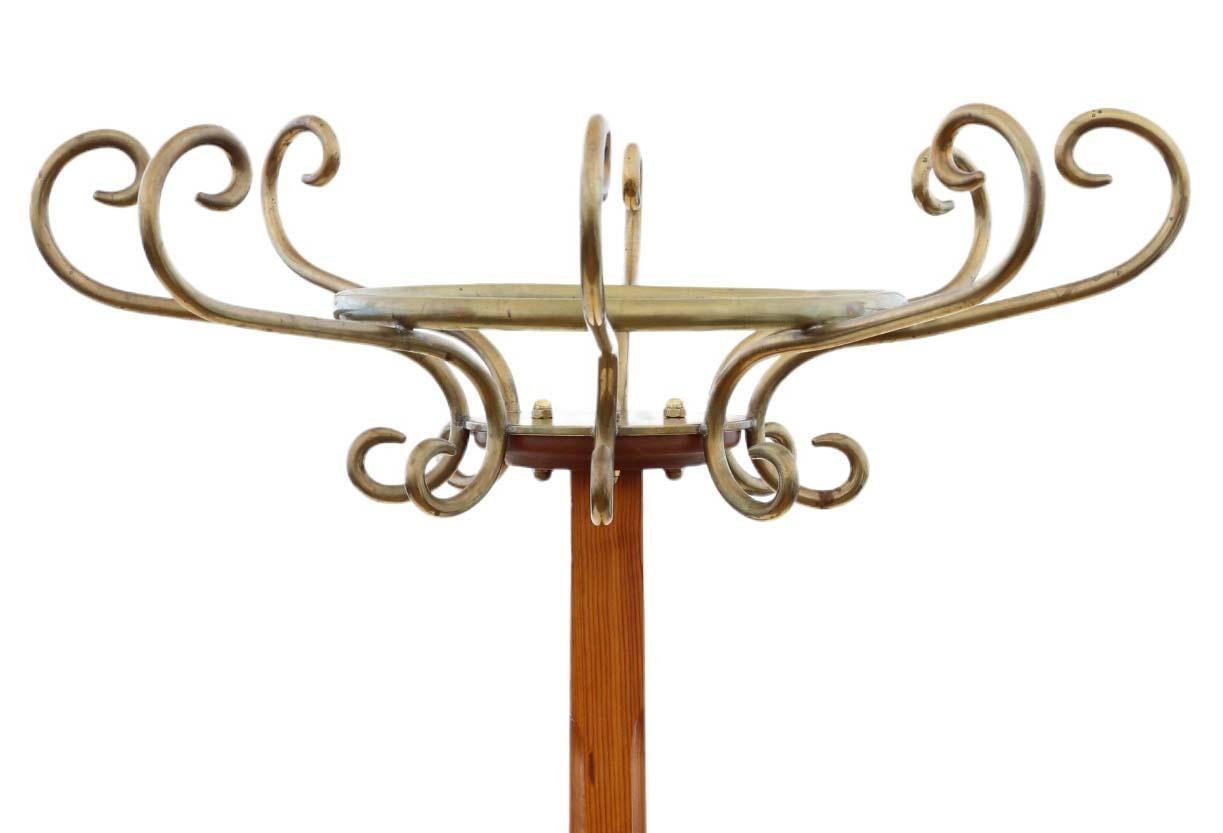 Vintage Retro Mixed Wood and Brass Hall Stand - Art Deco Style Coat/Hat Rack In Good Condition For Sale In Wisbech, Cambridgeshire